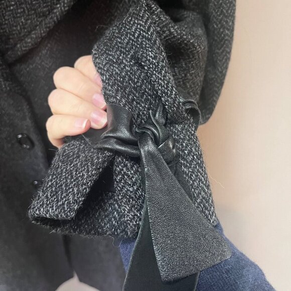 Peruvian Connection Wool Blend Women's Herringbone Leather Detail Long Coat- Siz - Picture 2 of 5